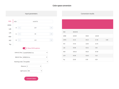 RGB, CMYK, HEX, Lab, Lch, HSV, XYZ Conversione con un solo clic